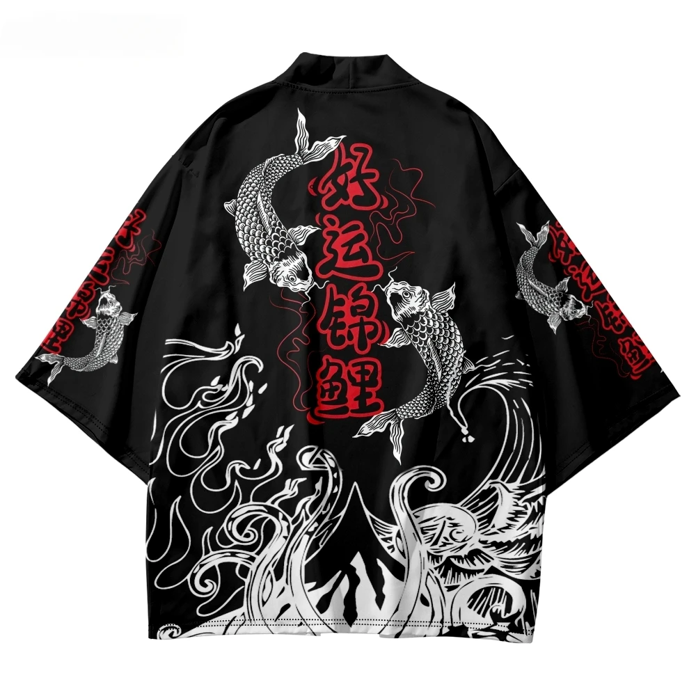 Plus Size 4XL 5XL 6XL Women Men's Carp Print Black Haori Clothing Japanese Traditional Kimono Cardigan for Summer 2023