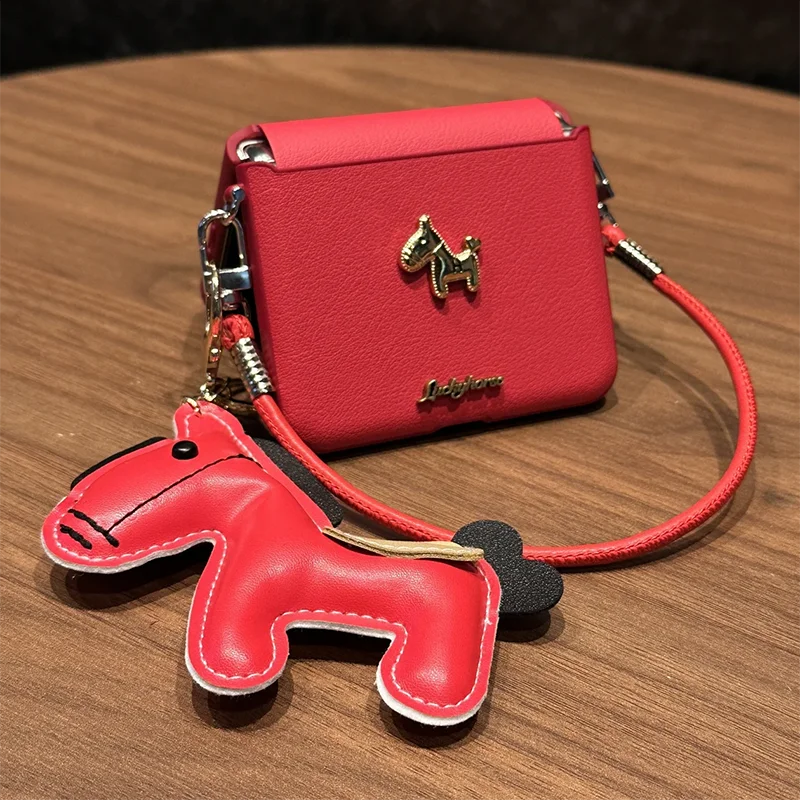 

Cute 3d metal lucky horse phone case for Samsung Z Flip7 6 5/OPPOFind N3 Flip/Xiaomi Mix flip Red Leather Cover New Year