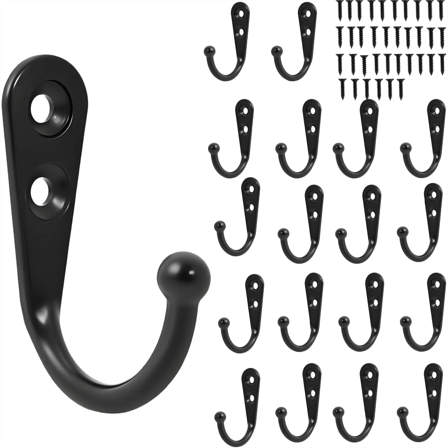 18 Pack Black Wall Mounted Coat Hooks, Rustproof Metal Hooks with Screws for Hanging Hats, Bags, Towels in Bathroom, Kitchen