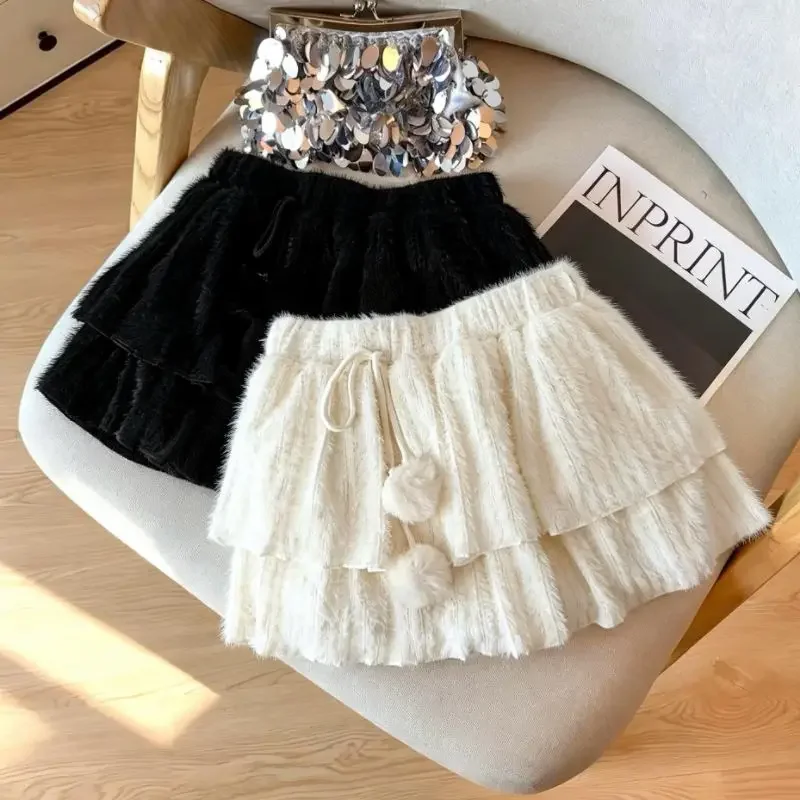 IMU 2026 Spring Retro Elegant Mini Skirt Woman Sexy A-line Retro Preppy Style Warm Skirt Female Lace Up Korea Style Chic Outfits