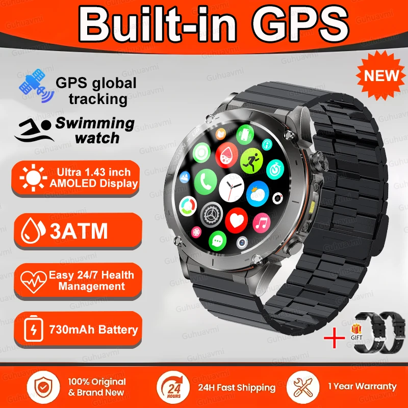 GUHUAVMI 2025 Original GPS Smart Watch Männer 1,43'' AMOLED HD Bildschirm Kompass BT Anruf 3ATM Wasserdicht SWIM 730 mAh Sport Fitness Smartwatch 7