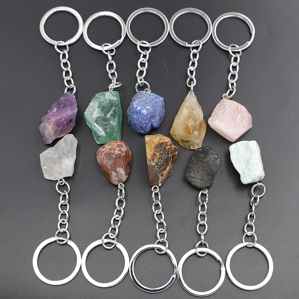 

Natural Raw Ore Keychain Gem Quartz Fluorite Citrine Amethyst Irregular Stone Pendants Charms DIY Jewelry Making Accessorie 6Pcs