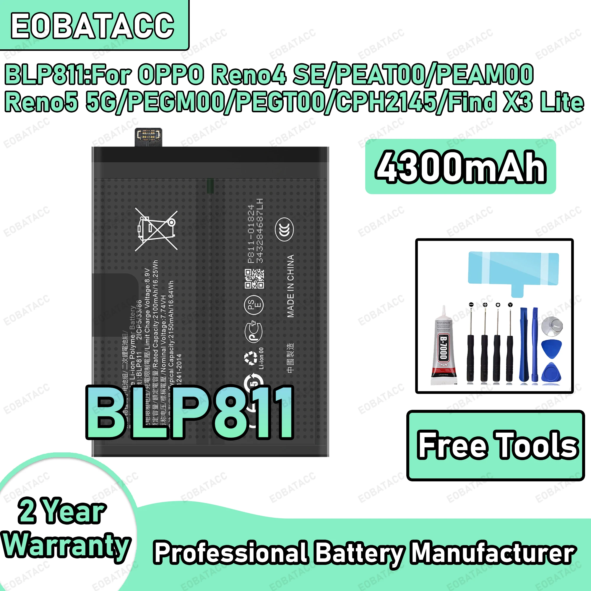 

4300mAh 100% New BLP811 Battery For OPPO Reno4 SE/Reno5 5G/Find X3 Lite Replacement Bateria+Free Tools