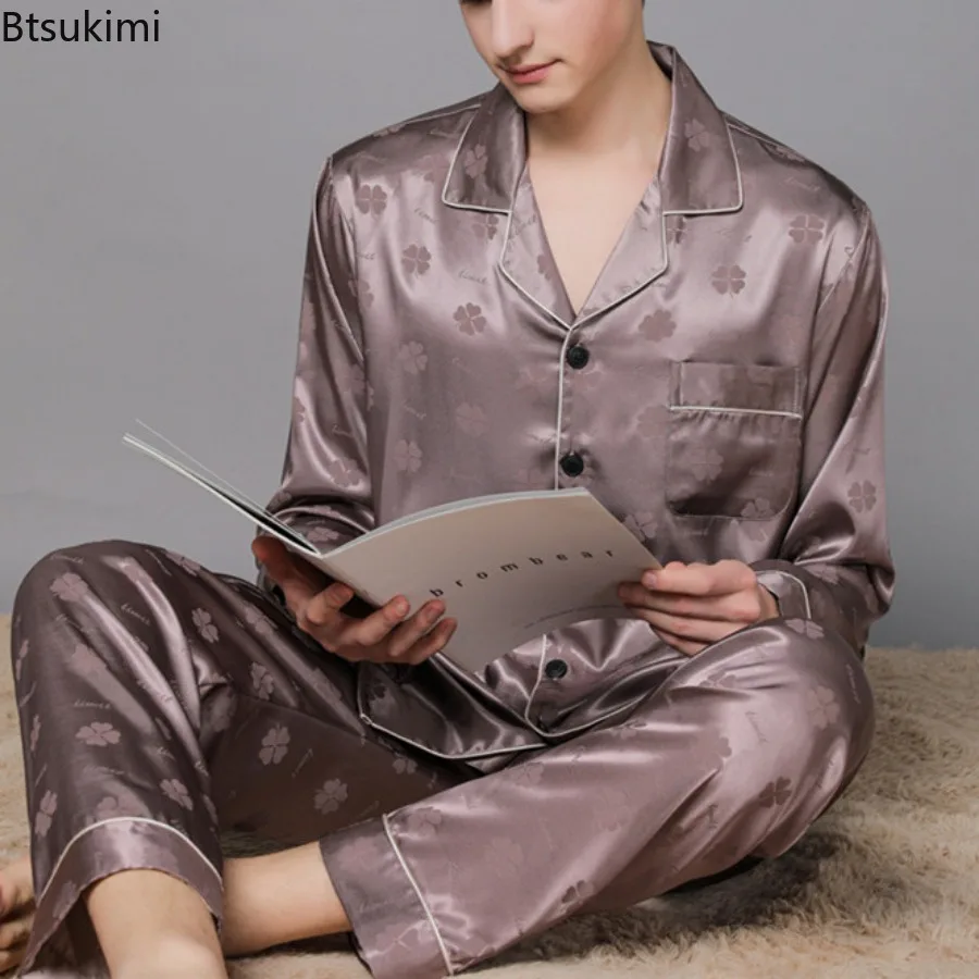2025 Men's Summer Ice Silk Pajama Sets Plus Size Satin Thin Print Pyjamas Male Home Clothes High Quality Sleepwear Sets for Men