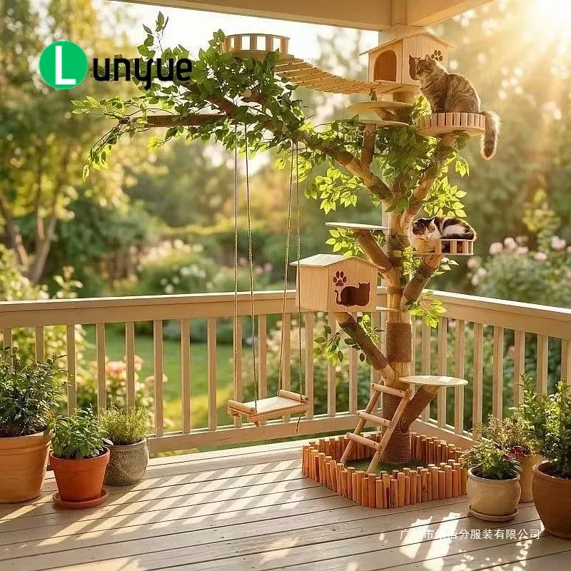 Outdoor Multi-Layer Solid Wood Cat Climbing Frame with Tree Branches Hammock Oversized Huge Tree House Activity Platform