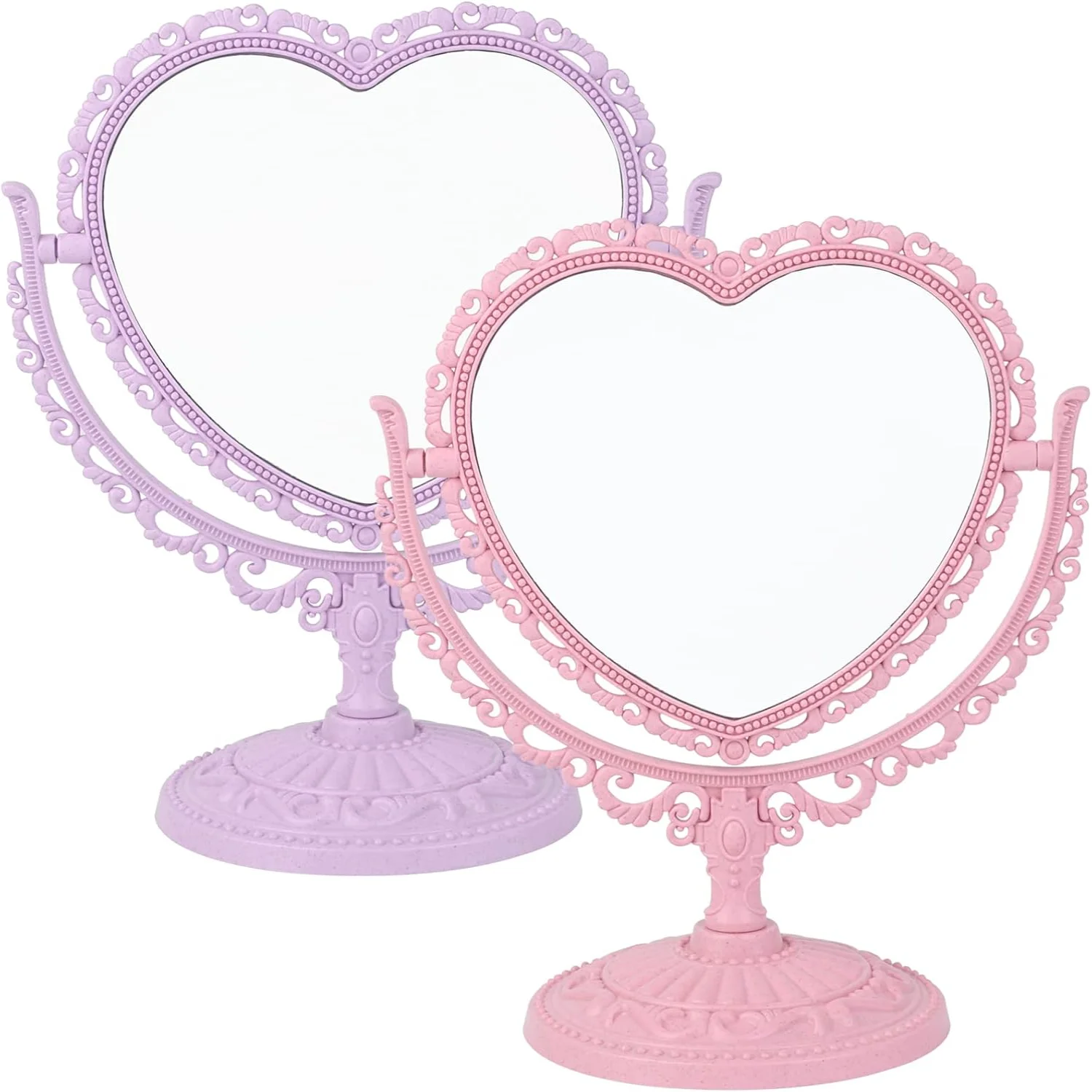 2 Pack Heart Mirror Lovely Heart-Shaped Cosmetic Mirror Plastic Double-Sided Heart Mirror Rotatable Dresser Mirror Bathroom Bedr