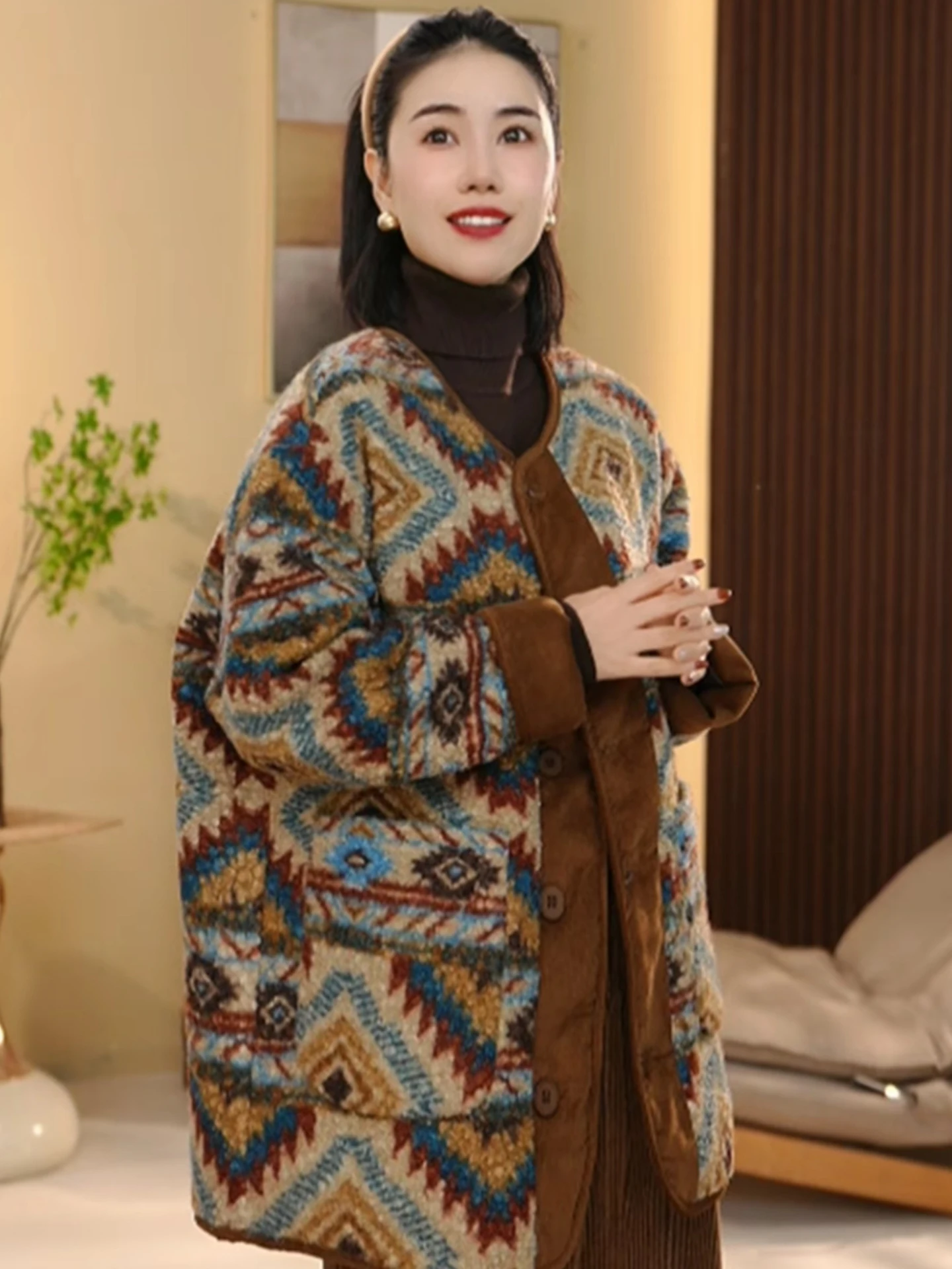 

Retro Ethnic Sle Women's Cotton Jaet Thiened Winter Coat Long Sve Geometric Patterned Middle-Length Fur Outerwear