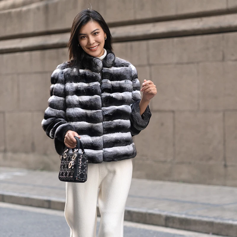 Ftangaiur Winter Import Pure White Cyan Blue Chinchilla Coat Mandarin Collar Women Upscale Natural Color Chinchilla Fur Coats
