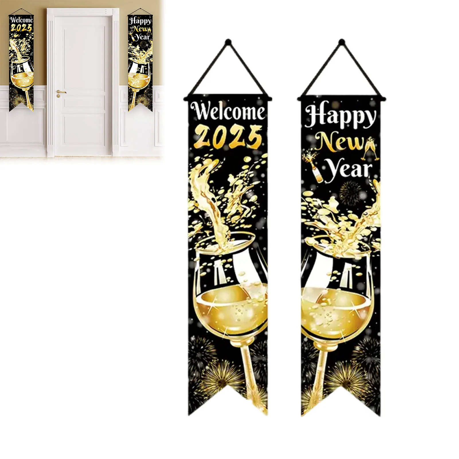 Banner per porta sospesa per Capodanno 2025 Happy Eve Party Porta da parete Decorativo Distico sospeso nero e oro per cortile esterno interno