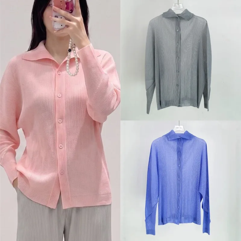 Miyake Pleated Mesh Shirt Women 2026 Turn-Down Collar Single-Breasted Loose Long-Sleeve Jacket Lightweight Transparent Shirt