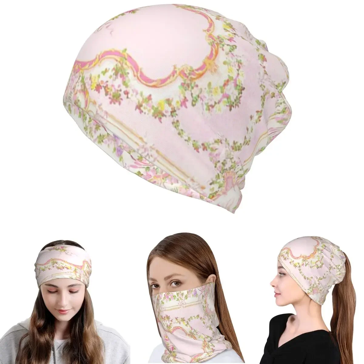

French Rococo Pink Floral Watercolor Panel Bandana Neck Cover Mask Scarf Warm Face Mask Beanies Hat Unisex Adult Winter