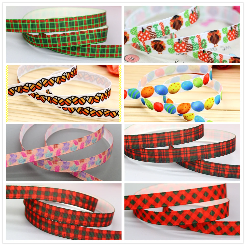 DHK 3/8'' 5yards Christmas Festival Fall Printed Grosgrain Ribbon Headwear Hair Bow Diy Party Decoration OEM Wholesale 9mm C1246