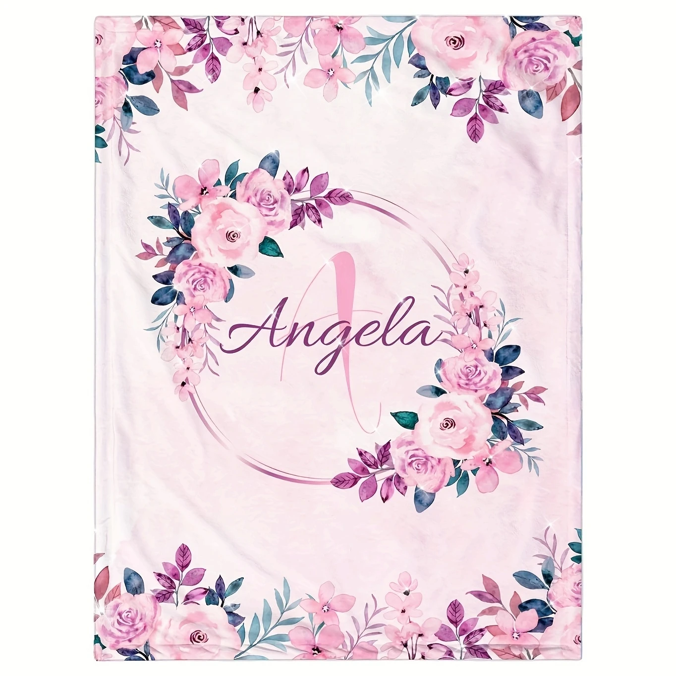 Pink Floral Throw Blanket Queen Size Personalized Name Fleece Rose Print Cozy Gift for Women Girls Bedroom Decor