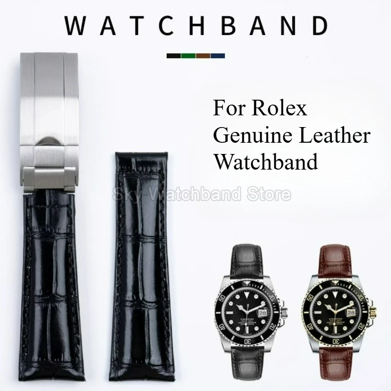 For Rolex Black Green Submariner Yacht-Master Datejust Handcrafted Genuine Leather Watch Strap 20mm Black Brown Sky Blue Green