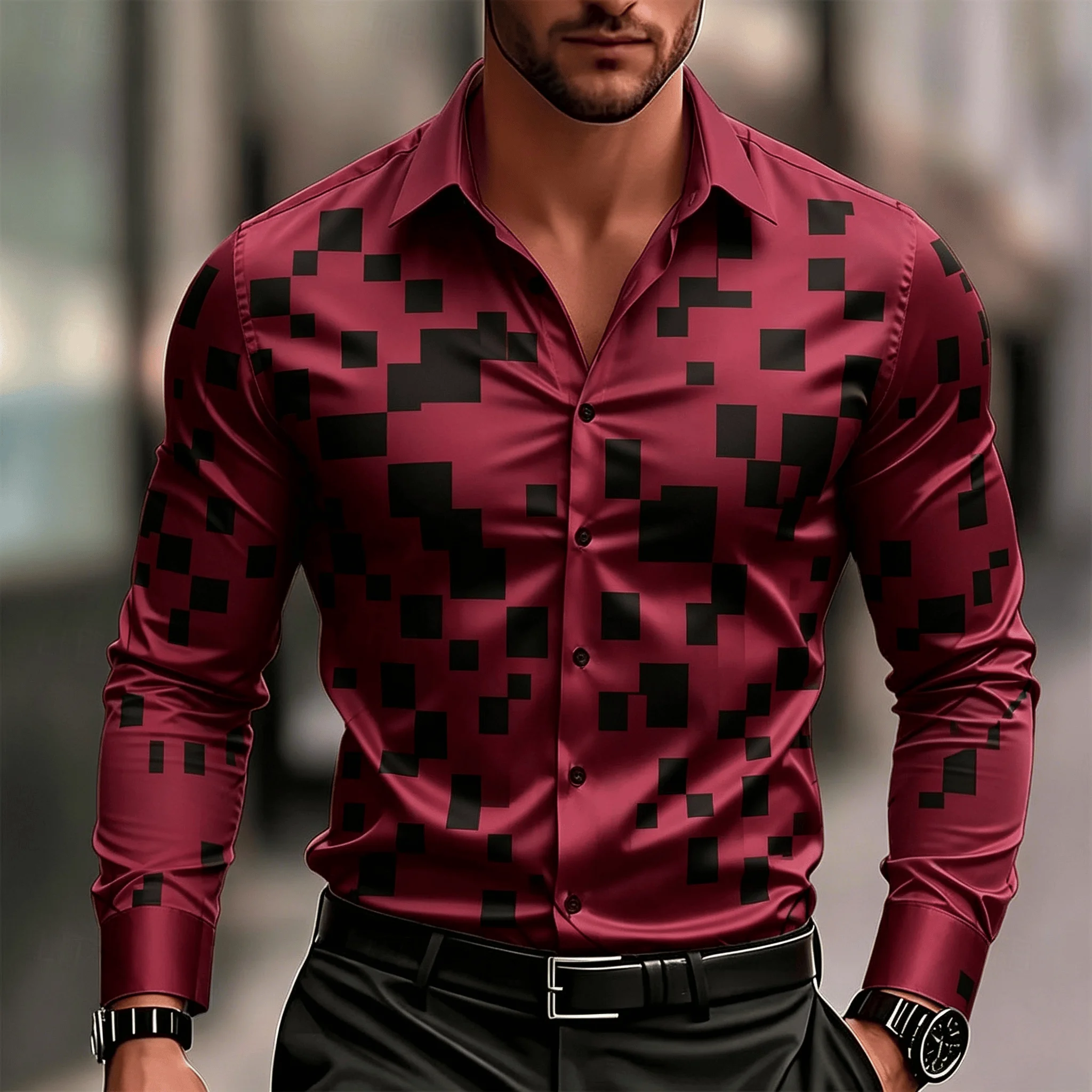 

Men's Pixel Square Shirt, Modern Geometric Block Print, Urban Casual Style Long Sleeve Button Down for Spring & Summer