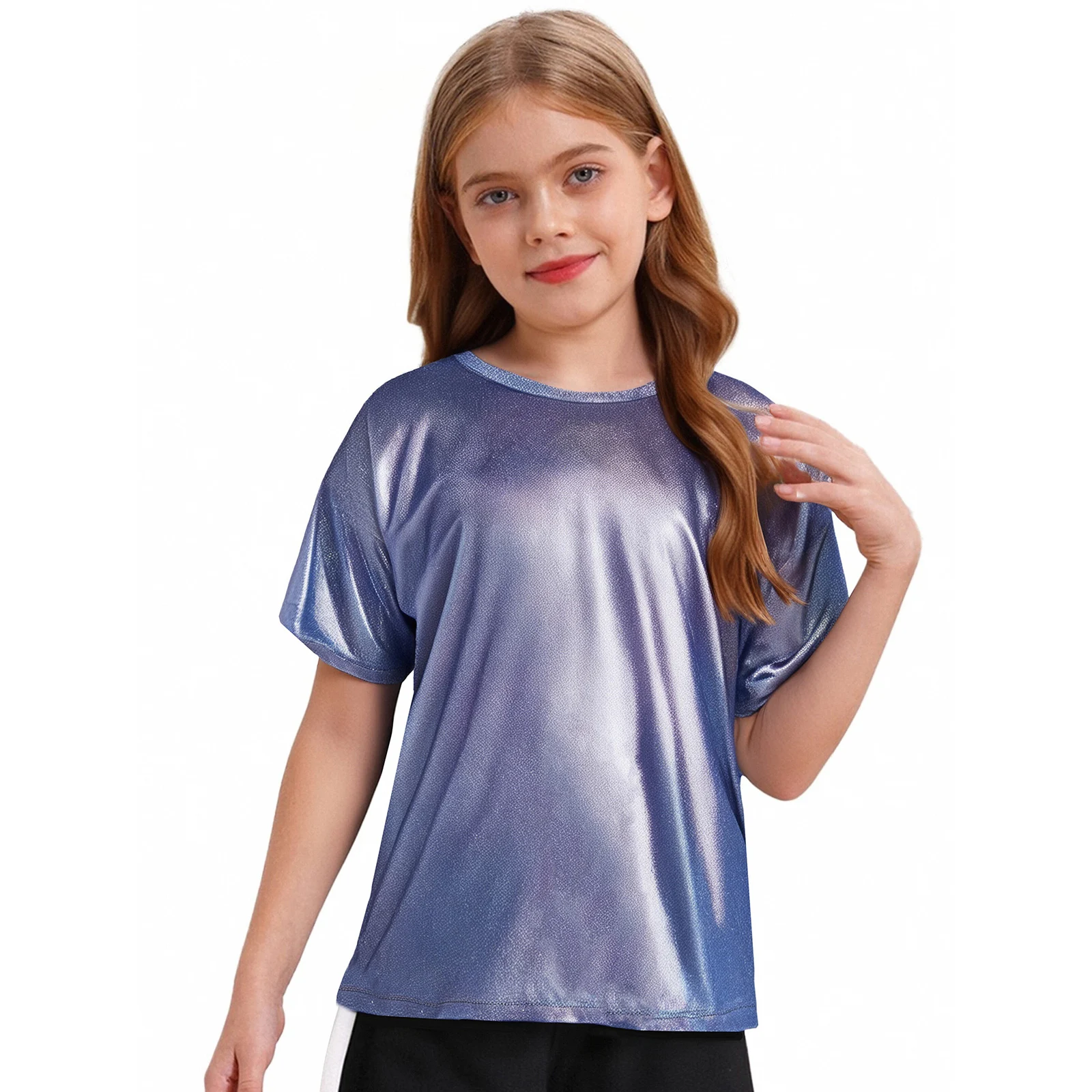 Boys Girls Short Sleeve Metallic Shiny T-shirt Hip Hop Jazz Street Dance Tops Performance Outfits Children Stage Costume