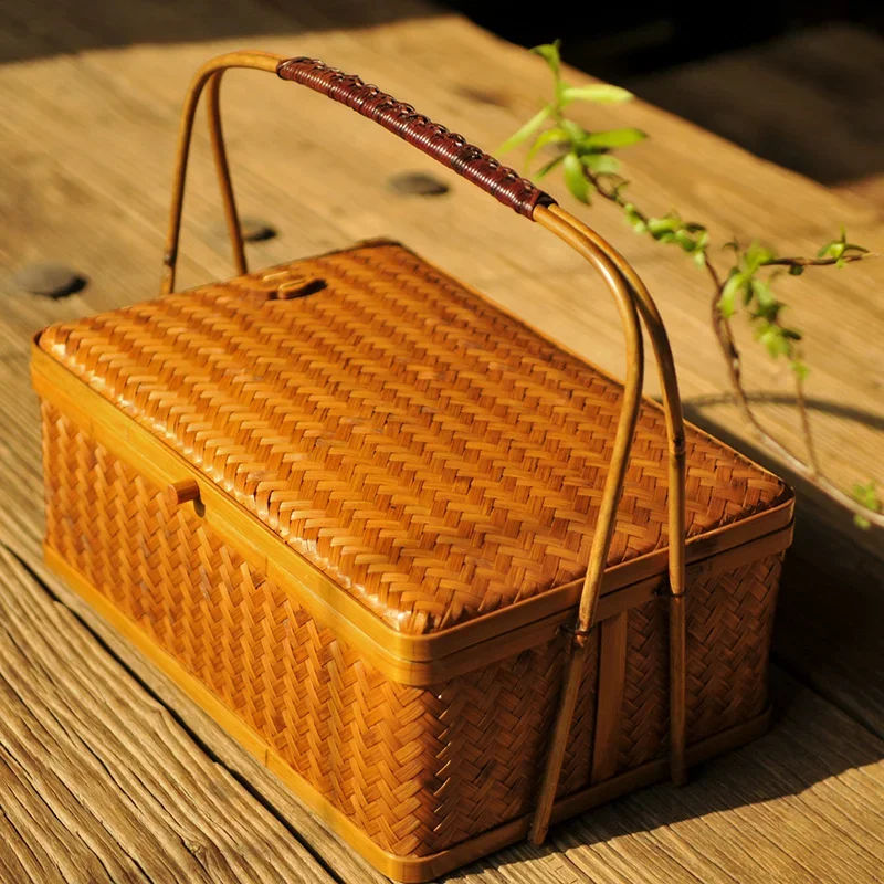 Bamboo Weaving Large Wicker Storage Basket, Double Layer Square Basket for Tea Storage, Artistic Packaging Product Container