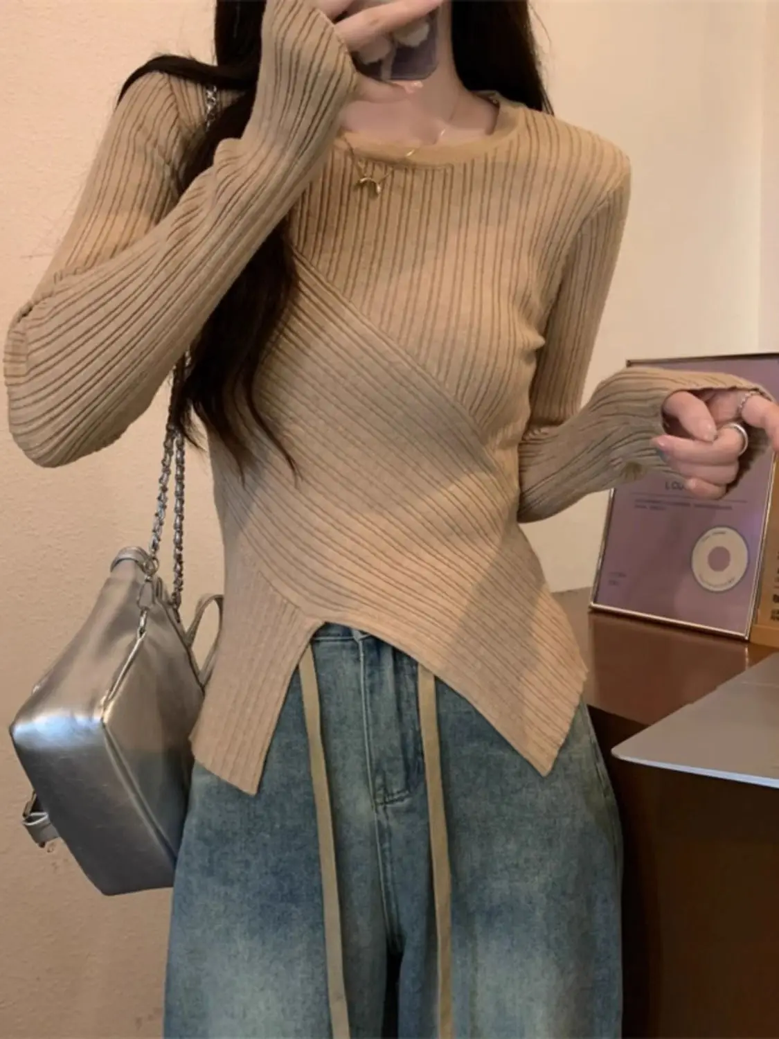 البلوزات لاعبا البلوفرات امرأة الفراء مثير نمط الخريف هامش الطبيعة أومبير طوق نغمي دافئ أنيق لينة الموسمية العادية OL