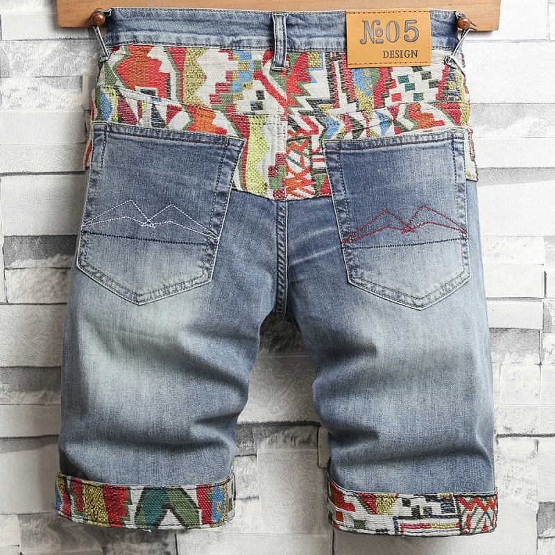 

2025 Summer Denim Shorts Men's Broken Hole Splicing Ethnic Style Embroidery Trend Elastic Denim Pentagram Pants