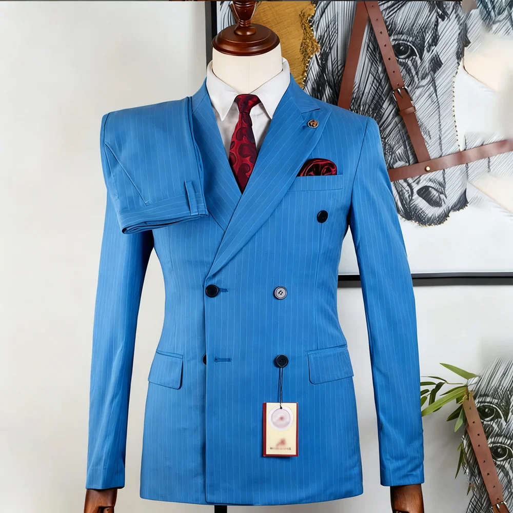 Мужской костюм в тонкую полоску, шикарный двубортный наряд с лацканами, комплект из 2 предметов, модные деловые повседневные офисные свадебные костюмы