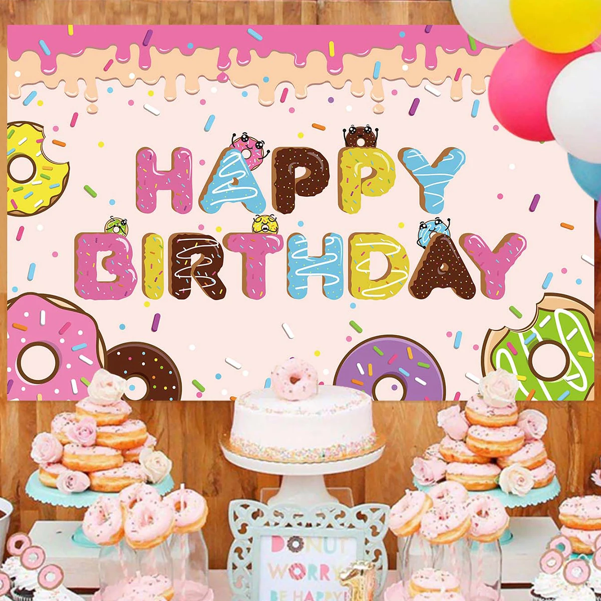 Donut Party Decor Happy Birthday Banner Cupcake Toppers Sweet Theme Cake Decoration for Girls Donut Birthday Party Supplies