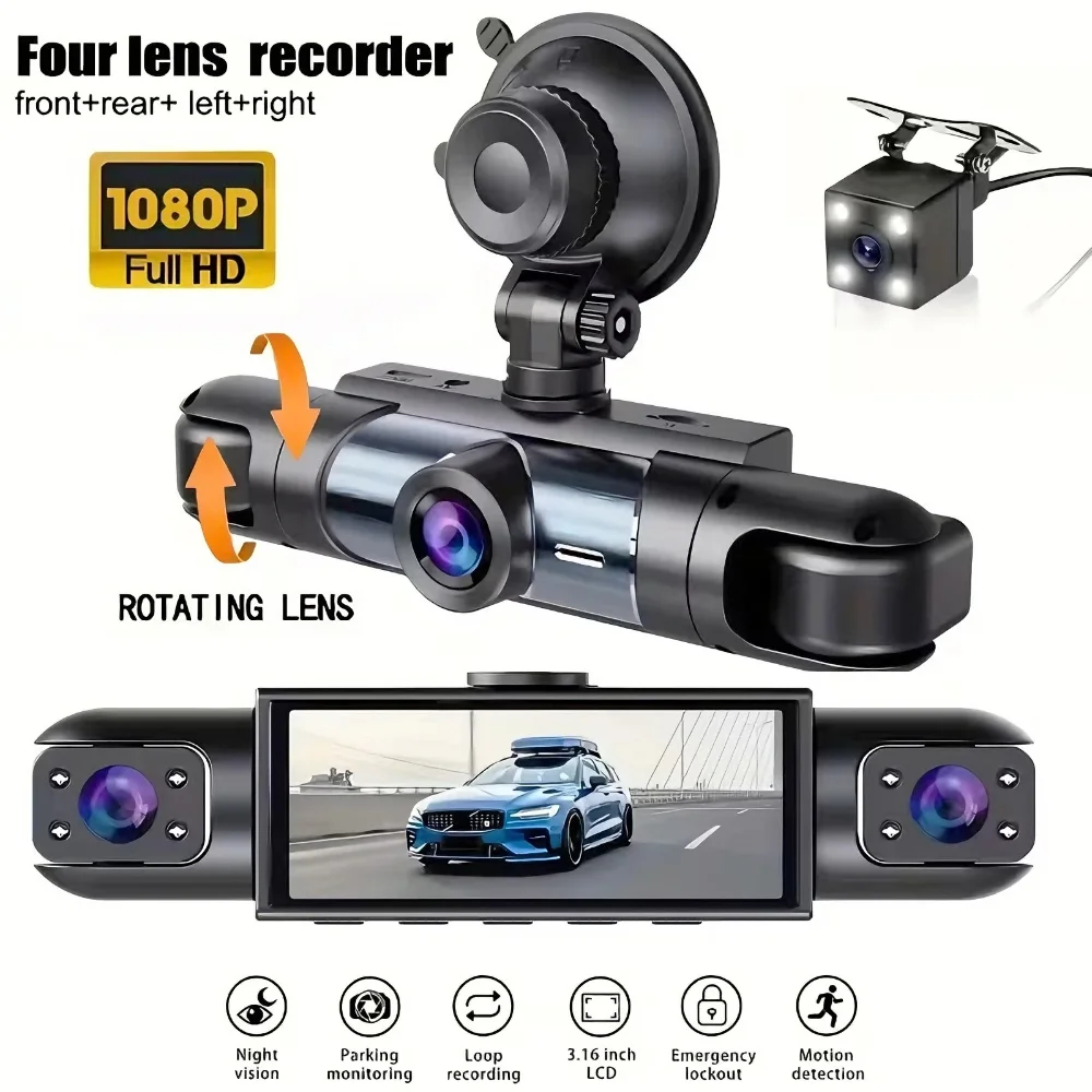 Dash Cam Video Recorder Car DVR 3/4 Lens 1080P 360° Recording Front Left Right Rear Car Camera Black Box Night Vision 24H Parkin