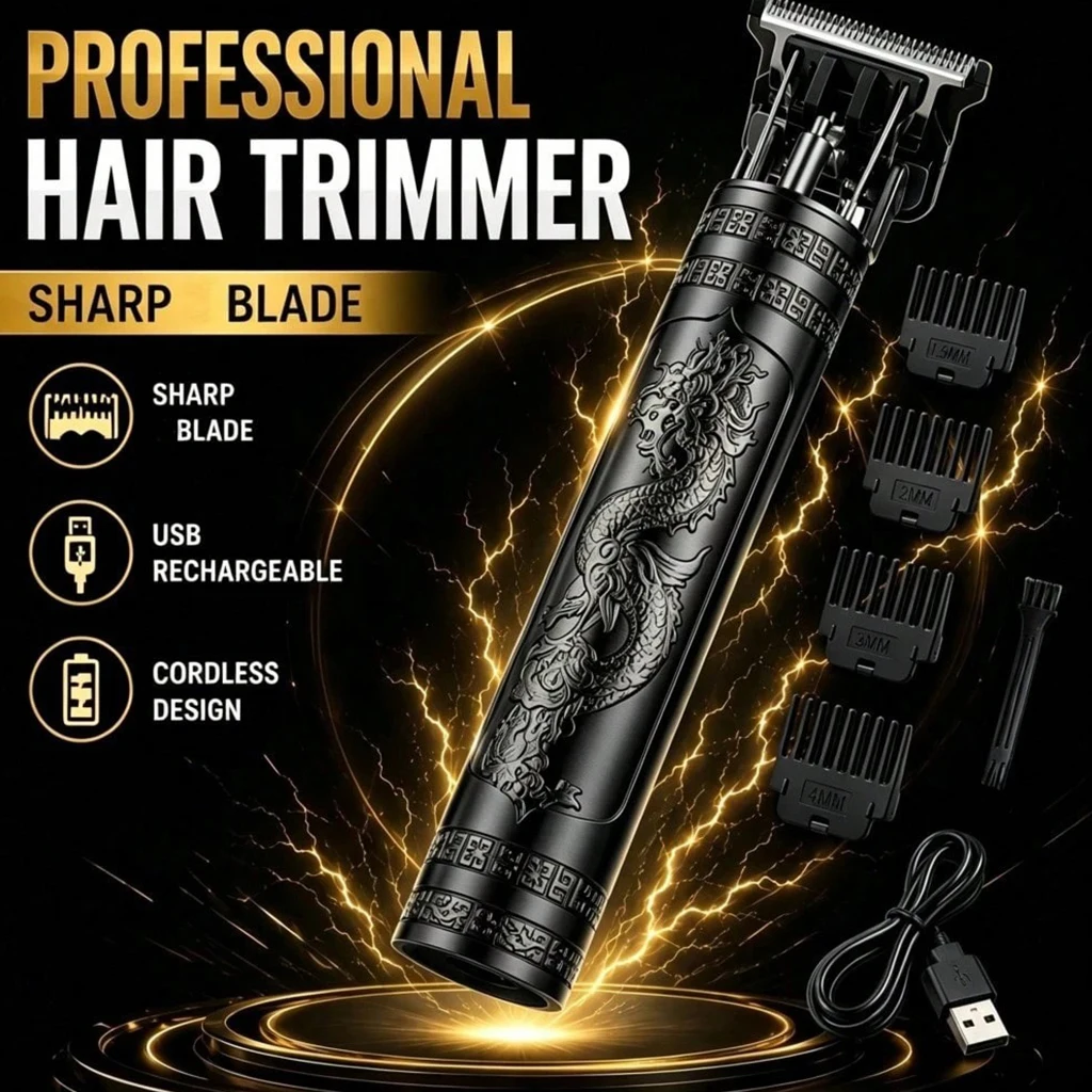 Vintage Dragon T9 Cordless Hair Clipper for Men Lightweight Plastic USB Rechargeable Beard Trimmer with 4 Guide Combs Hair Carving Machine for Fade & Styling