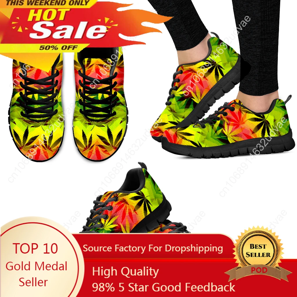 Luxury Brand Weed Leaves Design Ladies Sneaker Shoes for Women Rainbow Color Print Women Flat Shoes Lace-up Footwear