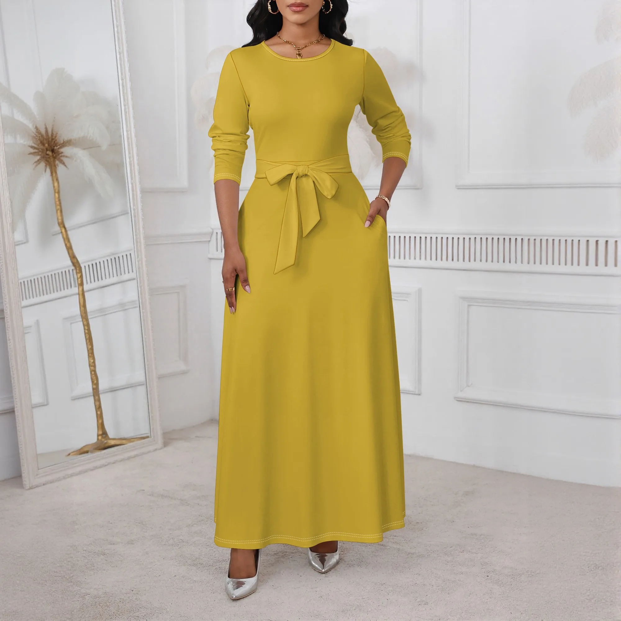 

Women's solid color printed lace-up dress with pockets, polyester midi dress for vacation summer fashion
