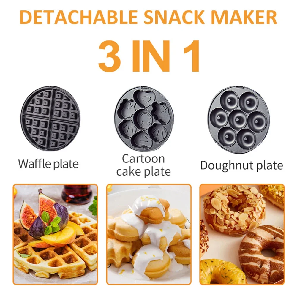 3-in-1 Detachable Waffle Sandwich Donut Machine Roaster High Efficiency Double-sided Heating for Breakfast and Afternoon Tea Use