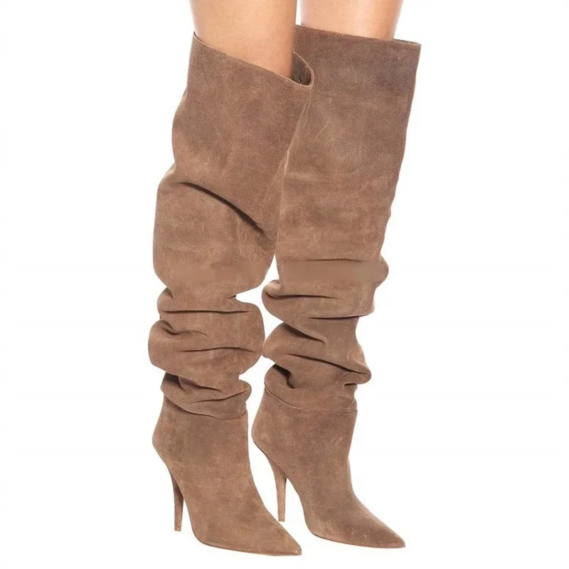 Fall Winter Runway Boots Brown Suede Pleated Loose Over The Knee Tight High Boots Pointed Toe Cone Heels Fashion Long Boots