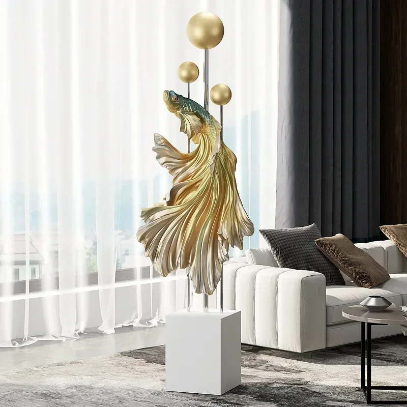 

Hot Sale Light Luxury Floor Fighting Fish Floor Ornaments Large Entrance Office Home Decor fashionable