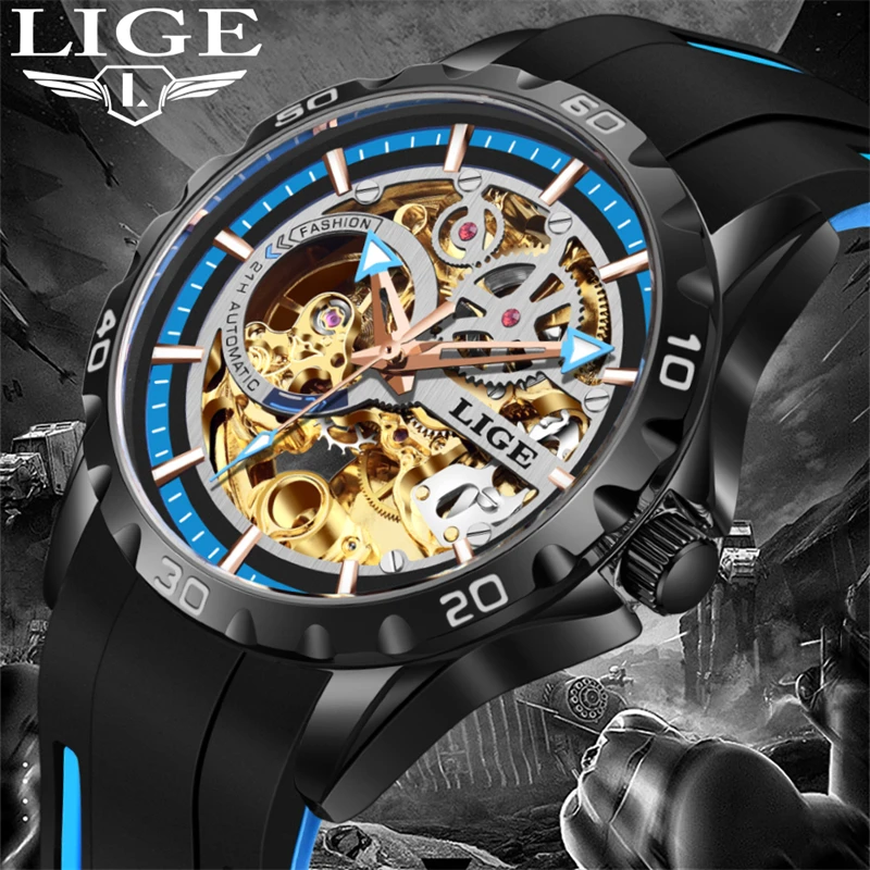 LIGE Fashion Men\'s Automatic Watches Top Brand Hollow Out Wristwatch for Men Waterproof Luminous Silicone Strap Mechanical Watch