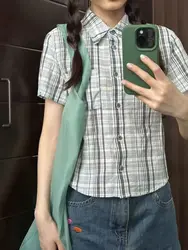 Women Blouses Summer Short Sleeve Plaid Shirt Y2K Button Up Check Shirt Vintage Women's Shirt Tops Korean Style Female Clothing