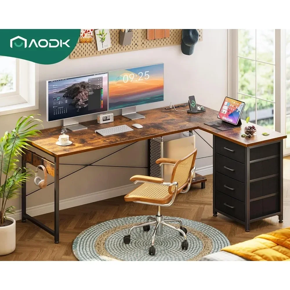 Shaped Desk with 4 Tier Drawers,L Shaped Computer Desk with USB Charging Port and Host Stand, Home Office Corner Desk