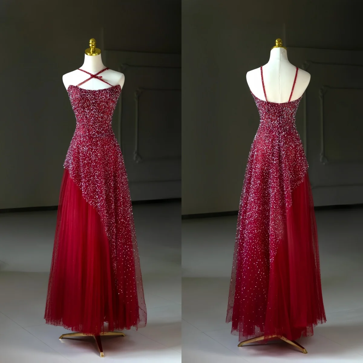 Spaghetti Straps Burgundy Prom Gown Boat Neck Sleeveless With Sequins Backless Tulle Ladies Celebrity Party Evening Dress