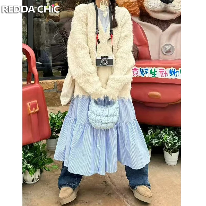 

ReddaChic Blue Striped Skirt Women 2025 New Vintage Style Winter Cake Tulle Skirt High Waist Flowy A-line Elegant Party Wear