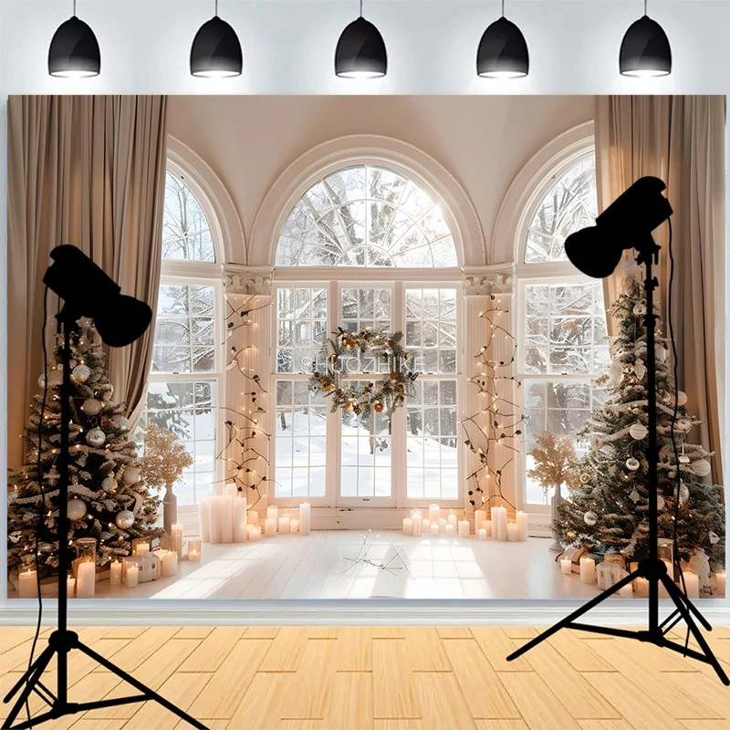 

Christmas Day Fireplace Photography Backdrops Large Window Living Room Wreach Xmas Tree Fireplace New Year Background XH-32