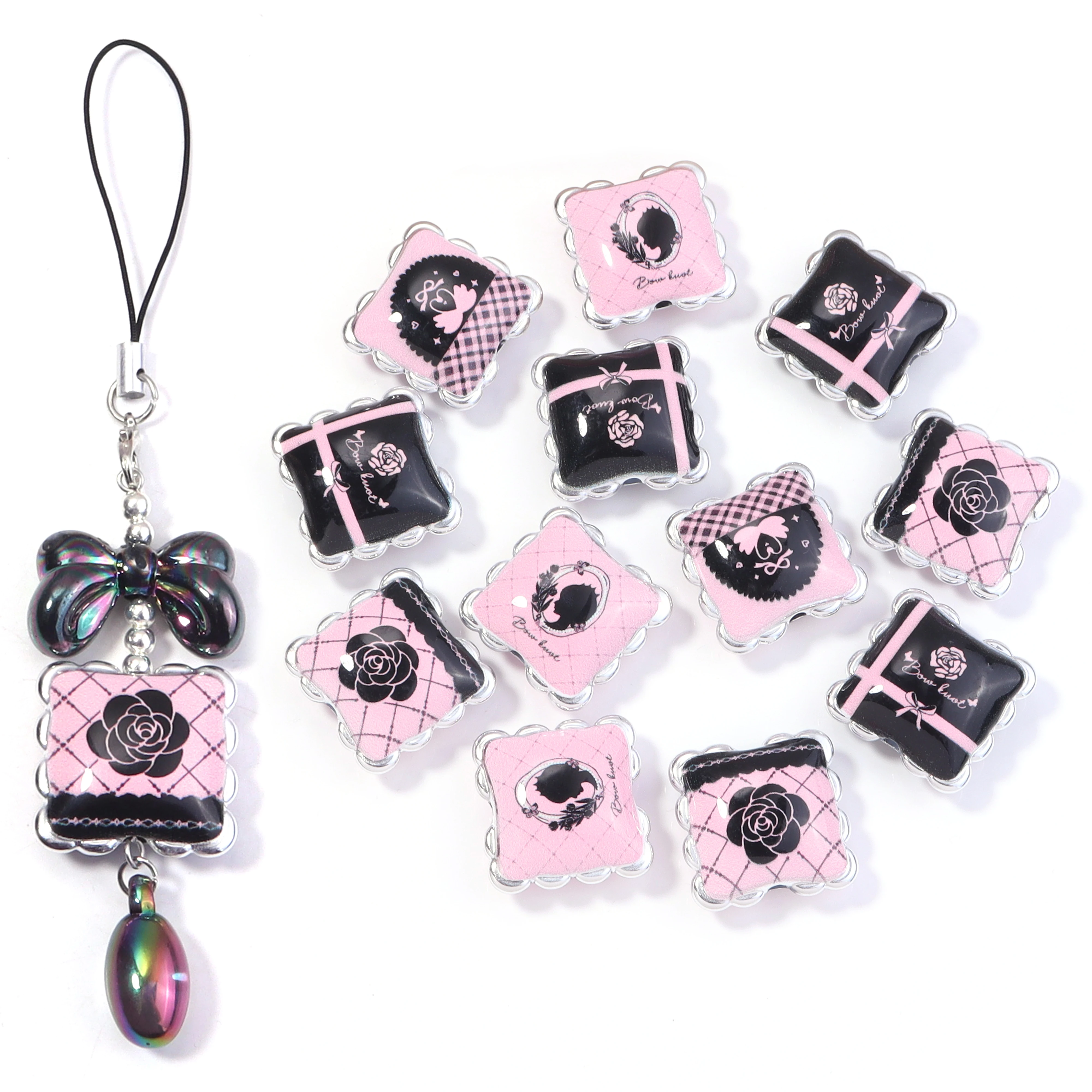 5pcs Acrylic Beads Sweet Pink Black Pillow Square Loose Spacer Beads For Jewelry Making DIY Crafts Necklace Keychain Accessories