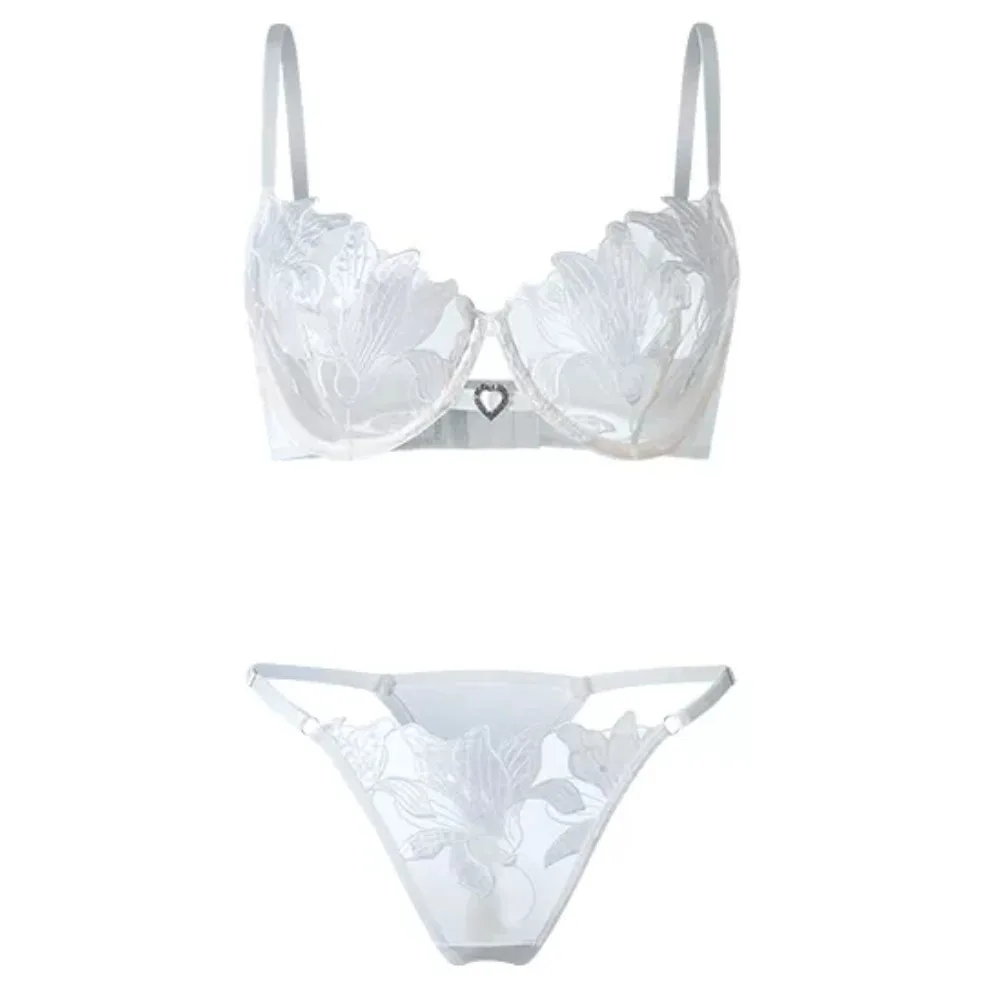 Europäisch-Amerikanischer Stil Damen Sexy Spitze Dessous Set Mehrfarbig Transparent Netz Blumenstickerei BH und Slip Set 32-38AB