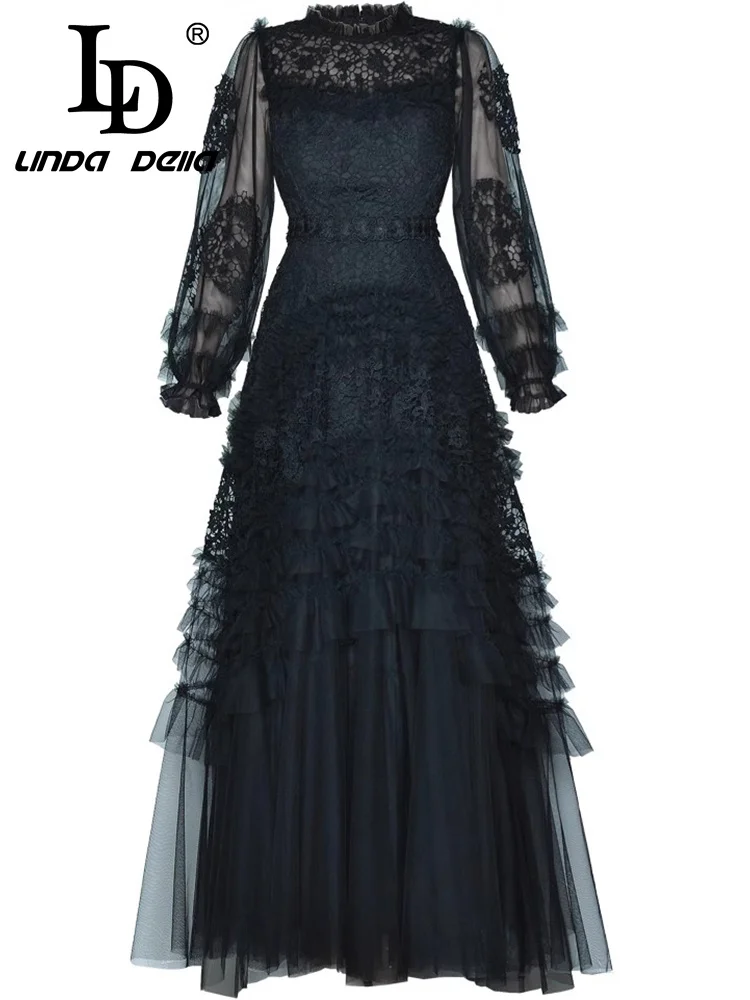 فستان LD LINDA DELLA للربيع والصيف للنساء مفرغ من الدانتيل بأكمام طويلة وحافة فطريات شجرة صالحة للأكل فساتين سهرة كبيرة متأرجحة للحفلات