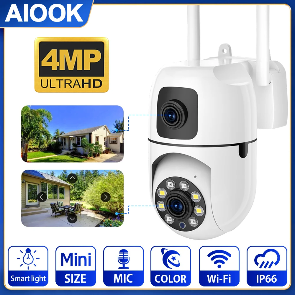 

AIOOK Dual Lens WiFi Camera HD 4MP 2K Two-way Intercom Video Camera Outdoor Waterproof Night Vision IP CCTV Mobile Tracking