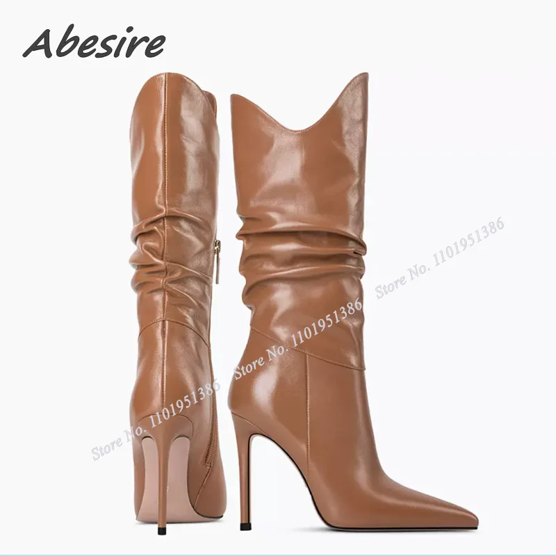 

Abesire Brown Side Zipper Pleated Boots Mid Calf Pointed Toe Solid Stiletto Shoes for Women Black High Heels Zapatillas Mujer