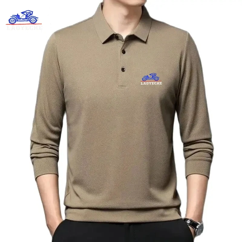 Spring and Autumn Men's Embroidered Waffle Long sleeved Polo Shirt, New Fashionable Business and Leisure Multi functional Top