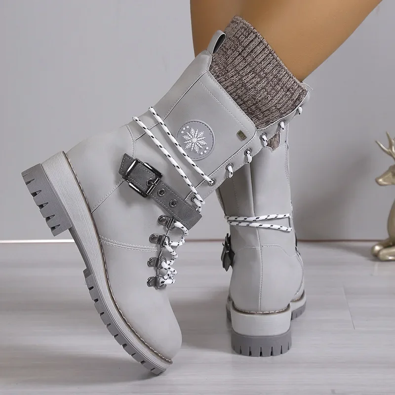 

Women's Mid-calf Boots Fashion Casual Leather Boots Belt Buckle Design Women Boots Outdoor Non Slip Platform Booties Botas Mujer