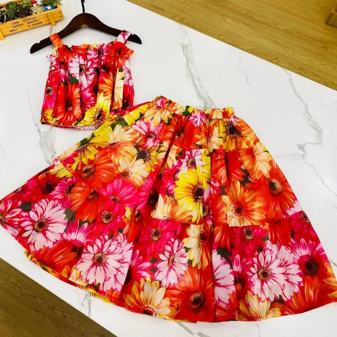 

High end children's clothing summer new product baby girl suspender sunflower top+skirt shorts 2 piece set