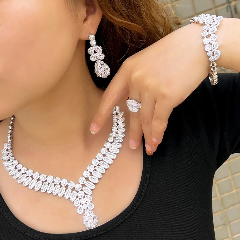 Pera Expensive Shiny White CZ Zirconia Silver Color Long Water Drop Necklace Earrings 4Pcs Set for Women Engagement Jewelry J571