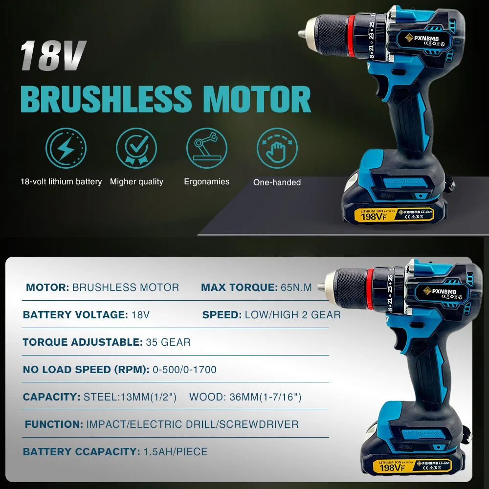 

65N.m 13MM 35+3 Torque Brushless Electric Impact Drill Cordless Electric Screwdriver Power Tool For Makita 18V Battery Pin DIY