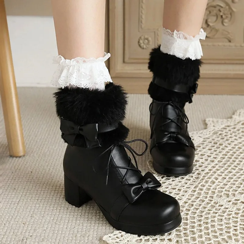 Women's Bow Ankle Boots Cute Kawaii Round Toe Chunky Heel Platform Booties Cosplay Comfy Gothic Shoes Big Size 44