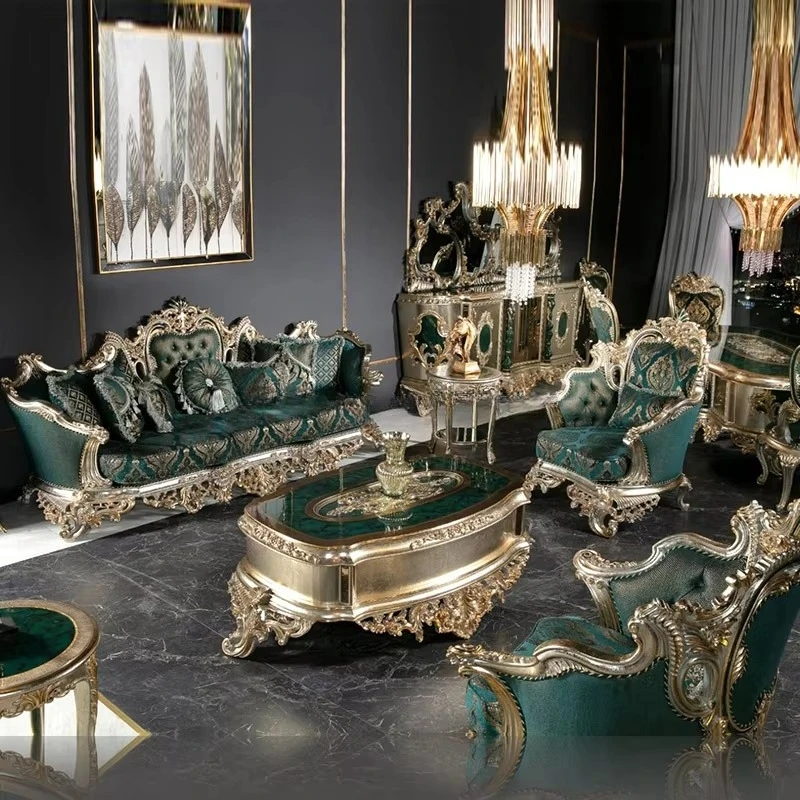 

Royal European Luxury Classic Solid Wood Carved Fabric Sectional Sofa Sets Vintage Living Room Furniture Traditional Sponge